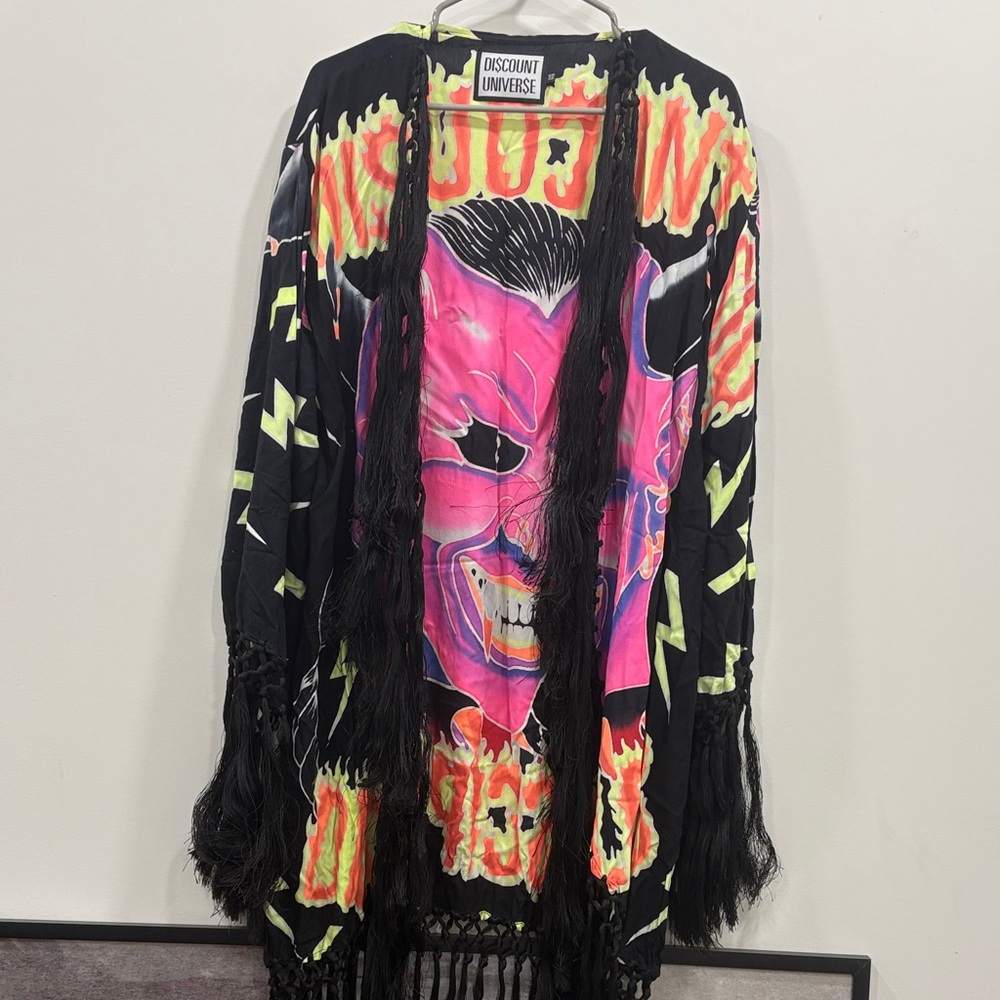 Discount Universe Black Fringe Kimono with Neon Devil Graphic - Picture 4 of 4